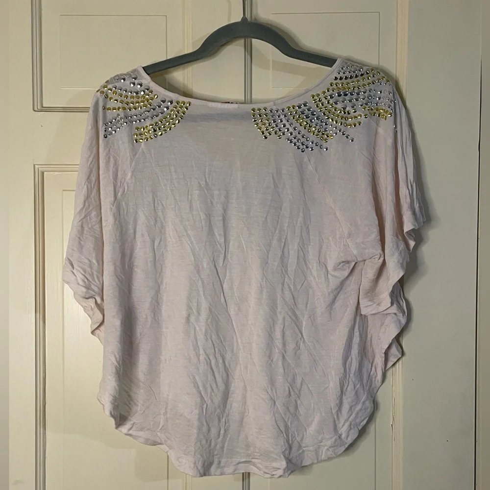 Free People Blouse Pink Silver Gold Studded Batwing High Low Tunic Top Sz Small - Picture 6 of 8